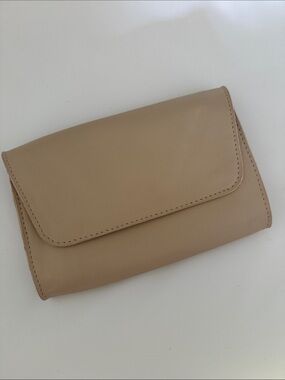 Neutral Foldover Leather Wristlet Clutch - Beige